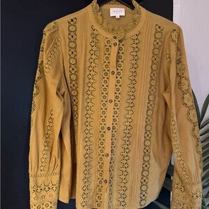 Sezane Rym Shirt: Mustard Lace-Trim Button-Up